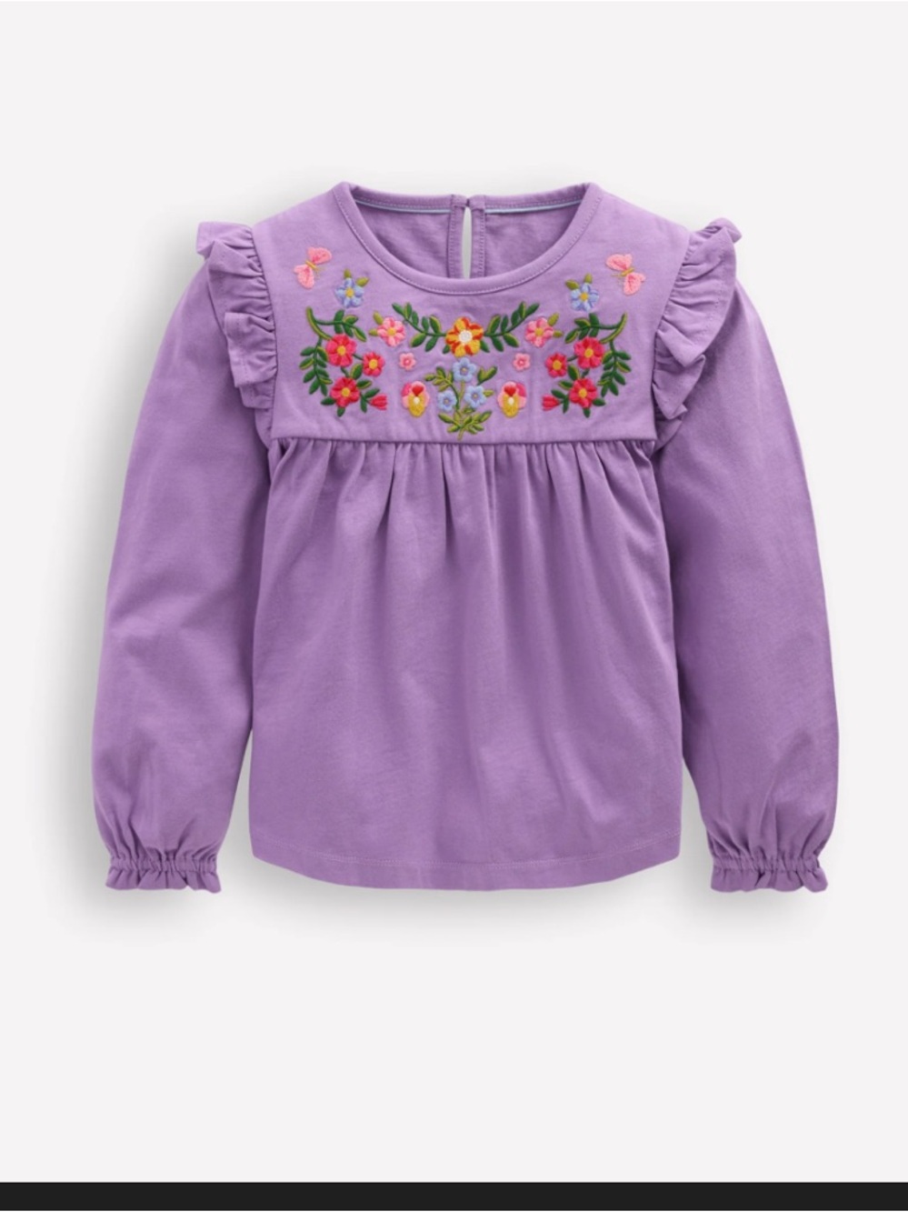 Mini Boden Lavender Long-Sleeve Top with Colorful Floral Embroidery